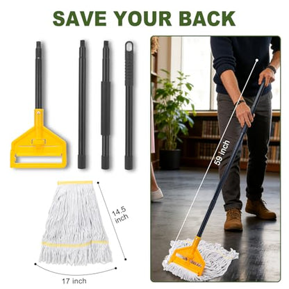 KeFanta Commercial Mop with 3 Extra Large Replacement Heads, 59Inch Handle Heavy Duty Industrial Mops Looped-End String Wet Cotton Mop for Home,Kitchen,Office,Garage,Workshop, Warehouse Floor Cleaning