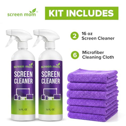 Screen Mom Ultimate Screen Cleaning Kit - 2 Pcs 16oz TV Screen Cleaner Spray and 6 Pcs Microfiber Cloths TV Cleaner Spray and Cloth, Laptop, Phone, iPad, Car and Computer Cleaning Kit Electronic