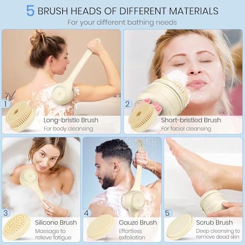 Electric Body Brush Back Scrubber for Shower, Waterproof Long Dual Handle Power Body Scrubber with 5 Heads, Bath Brush 3 Speeds, for Cleansing,Exfoliating and Massaging Skin,Gift for Birthday Holiday