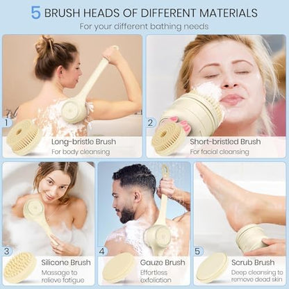 Electric Body Brush Back Scrubber for Shower, Waterproof Long Dual Handle Power Body Scrubber with 5 Heads, Bath Brush 3 Speeds, for Cleansing,Exfoliating and Massaging Skin,Gift for Birthday Holiday
