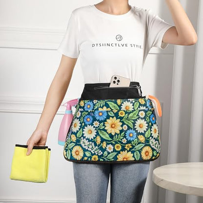 Bafelia Cleaning Apron Caddy for Women with 6 Pockets, Professional Waterproof Cleaning Supplies for Housekeeping - color: Green Flowers