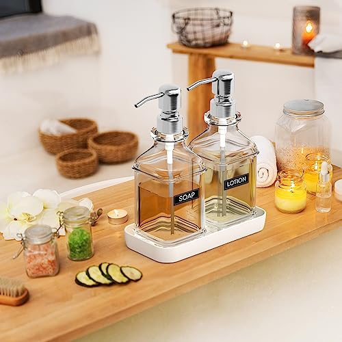 LMQML Soap Dispenser - 2 Pack, Antique Design Thick Glass Hand Soap Dispensers with Sturdy Tray; 304 Rust Proof Stainless Steel Silver Pump, 12Pcs Stickers, for Kitchen, Bathroom - color: Silver