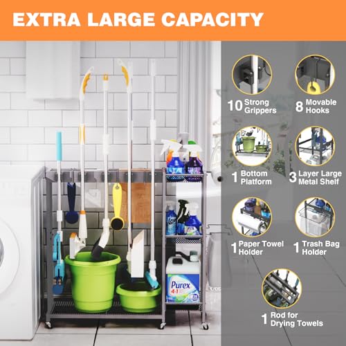 Rolling Cleaning Cart with Wheels, Mop and Broom Holder Organizer, Heavy Duty Utility Cleaning Supply Rack with Storage Shelves & Hooks for Garage, Laundry Room, Kitchen