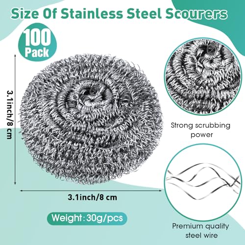 Roshtia 100 Pieces Stainless Steel Scouring Pad Bulk Metal Scrubber for Cleaning Dish 30 Gram Stainless Steel Sponge Round Metal Wool Scrubber for Cleaning Kitchen Bathroom Household