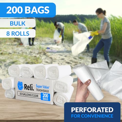 Reli. Premium 50 Gallon Trash Bags | 200 Count | Made in USA | Heavy Duty | Bulk | SuperValue | Clear Multi-Use Garbage Bags