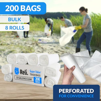 Reli. Premium 50 Gallon Trash Bags | 200 Count | Made in USA | Heavy Duty | Bulk | SuperValue | Clear Multi-Use Garbage Bags