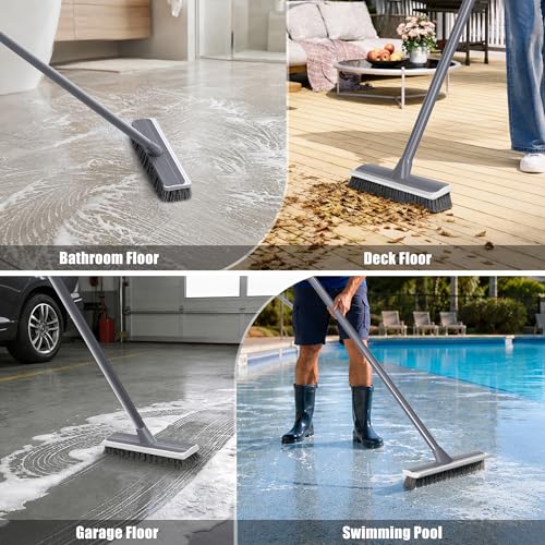 2 in 1 Floor Scrub Brush: Deck Brush with Squeegee - Long Adjustable Handle - 55'' Stiff Bristle Scrape Brush for Deck Patio Garage Shower Bathroom
