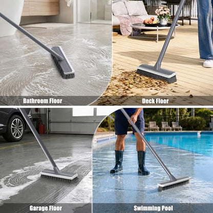 2 in 1 Floor Scrub Brush: Deck Brush with Squeegee - Long Adjustable Handle - 55'' Stiff Bristle Scrape Brush for Deck Patio Garage Shower Bathroom