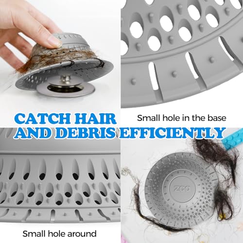 zaa 5 Pcs Bathtub & Shower Drain Hair Catcher, 2 Pack Silicone Collapsible Drain Protector and Drain Cover with 3 Snake Drain Clog Removers, for Pop-Up and Regular Drains of Tub, Shower, Bathroom - color: Gray Red