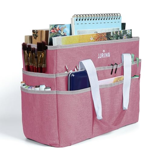 JJRING Craft Organizer Tote Bag, Large Art Storage Caddy with Multiple Pockets, Pink Sewing Bag for Art, Craft, Scrapbooking, Medical, and Office Supplies Storage - color: Pink, size: Large