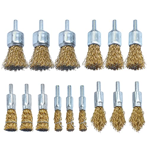 Brass Coated Wire End Brush Set,Wire Brush for Cleaning Rust Stripping Paint Removal Deburring,6mm Shank for Drill (15pack)