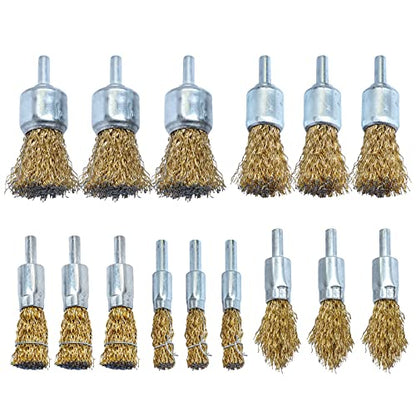 Brass Coated Wire End Brush Set,Wire Brush for Cleaning Rust Stripping Paint Removal Deburring,6mm Shank for Drill (15pack)