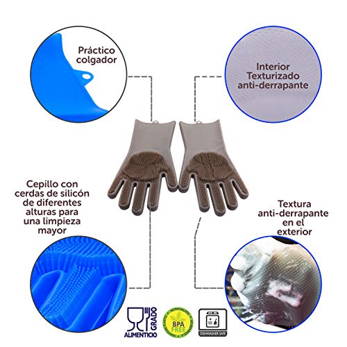 TwoMagic Silicone Pet Brush/Gloves. Silicone reusable cleaning brush, gloves with thick bristles scrubber for hair removal pets, dogs, cats, Glove Latex Free, ECO-FRIENDLY. Color GRAY.