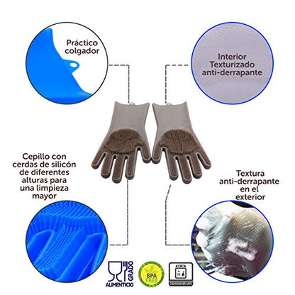 TwoMagic Silicone Pet Brush/Gloves. Silicone reusable cleaning brush, gloves with thick bristles scrubber for hair removal pets, dogs, cats, Glove Latex Free, ECO-FRIENDLY. Color GRAY.