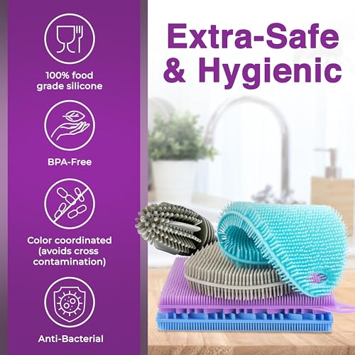 Silicone Dish Scrubber Sponges (5-Pack) - Dual-Sided Silicone Scrubbers and 1 Bottle Stick Brush - Food Grade Kitchen Scrubbers for Dishes - BPA-Free Sponges - color: 4sponges+ Stick