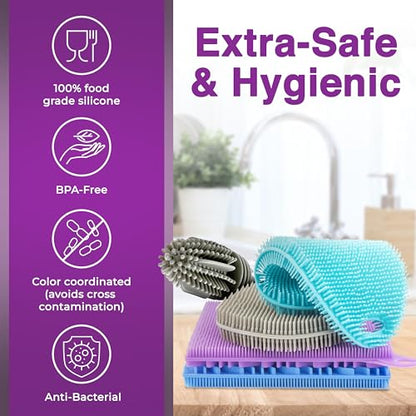 Silicone Dish Scrubber Sponges (5-Pack) - Dual-Sided Silicone Scrubbers and 1 Bottle Stick Brush - Food Grade Kitchen Scrubbers for Dishes - BPA-Free Sponges - color: 4sponges+ Stick