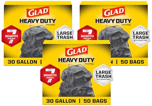 Glad Large 30 Gallon Trash Bags,Unscented Heavy Duty Garbage Bags,Forceflex with Drawstring,(Packaging May Vary), 50 Count (Pack of 150) - size: 50 Count (Pack of 150)