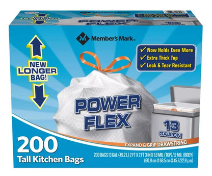 Member's Mark Power Flex Tall Kitchen Drawstring Bags, 200 Count - size: 200 Count (Pack of 1)