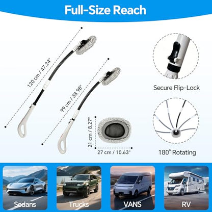 7-in-1, Car Wash Brush 15°Curved with 47" Long Handle and 90° Rotating Replaceable Brush Head, Car Wash Kit with Microfiber Towel and Tire Brush for Car, SUV, RV, Floor Cleaning-White. - color: White