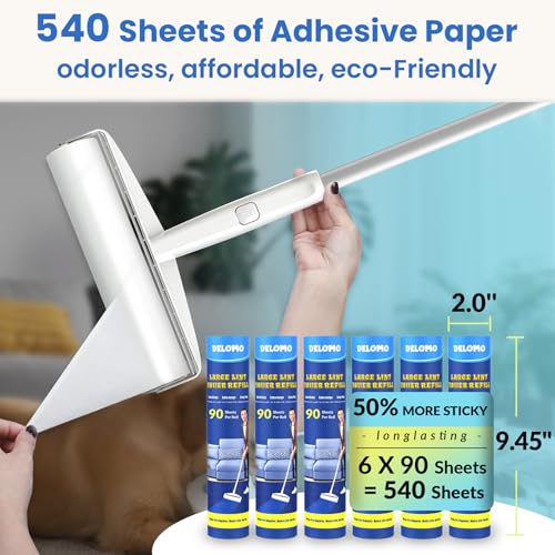 Large Lint Roller Refills: DELOMO 9.45 in Lint Roller Refill (6 Pack, 540 Sheets), Compatible Only with DELOMO Large Lint Roller, for Cleaning Floor, Carpets, Bedding, Couch, Cars, & Pet Hair - size: B: 6 Refills (540 Sheets Total)