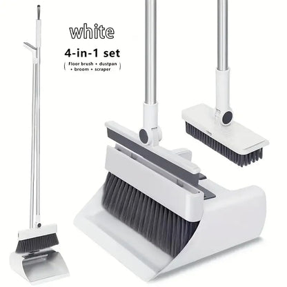 4-in-1 Broom and Dustpan Set with Floor Brush, White Stainless Steel Long Handle, Upright Standing Design for Home Office Kitchen, Squeegee Cleaning Tools Combo