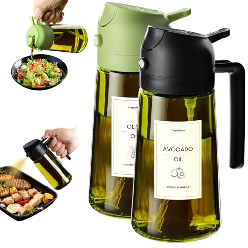 TrendPlain - Original 16oz/470ml Olive Oil Dispenser Bottle for Kitchen Gadgets and Air Fryer Accessories - Olive Oil Sprayer for Cooking w/Stickers - Black&Green - color: Black&Green, style: 2 Pack