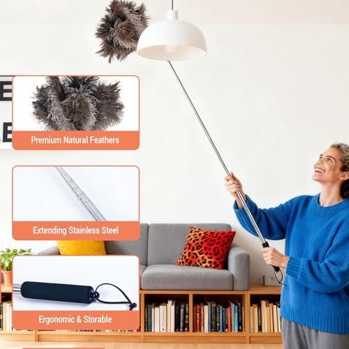 Luxury Black Curved Feather Duster, Extendable Ostrich Feather Cleaning Tool for High Ceilings, Furniture, Blinds, Walls, Soft Fluffy Long Handle Dusting(A13-Black) - color: Black-a2