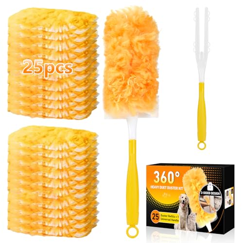 360° Duster Refills Kit for Swiffer Duster, 25 Pack & 1 Handle, Multi-Surface Dusters with 4X Cleaning Power. Efficient Duster Kit for Cleaning Pet Hair, Home, Office, Blinds, Furniture and More - color: Short Handle - 25 Pack