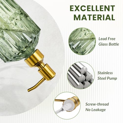 AmazerBath Soap Dispenser, 2 Pack Green Glass Soap Dispenser with Pump Stainless Steel, 14.2OZ Luxury Gold Hand Soap Bottles Bathroom Kitchen - color: Green & Gold - 2 Pack