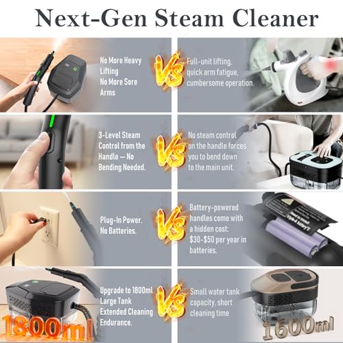 Steam Cleaner, 3-Level Adjustable Handle, 15s Heat-Up, Steamer for Cleaning With 1.8L Large Tank, Dry Burn Protection, Handheld Steam Cleaner for Home, Bathrooms, Tile,Grout,Car with 12pcs Accessories - color: Black