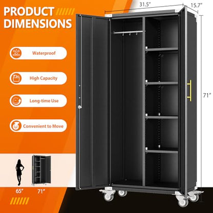Broom Closet Storage Cabinet, Metal Cleaning Cabinets with Hanging Rod and S-Hooks, Lockable Tool Cabinets, Utility Cabinet for Garden, Office, Laundry Room, Black - color: Black