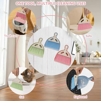 Mini Dustpan and Brush Set Portable Small Broom with Dust Pan Handheld Hangable Whisk Broom and Dust pan for Home, Kitchen, Table, Office, Car 3Pcs (Blue-Green-Pink) - color: Blue-green-pink