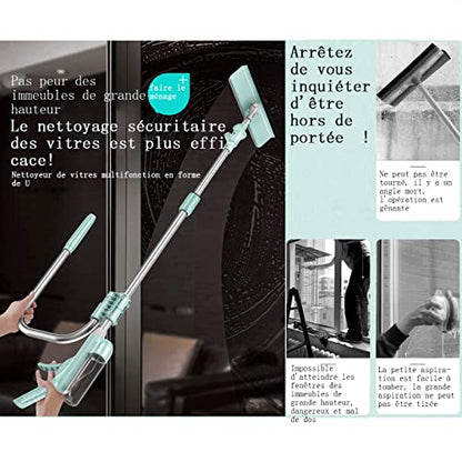 Window Cleaner Tool Kit with Telescopic U Shaped Pole,Squeegee for Window Washing,Water Sprayable,Rotatable Cleaning Head,Clean Inside and Outside Windows Without Leaving Dead Ends