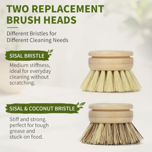 5 PCS Bamboo Dish Brush with Handle Set - Natural Dish Scrubber Brush with 3 Replacement Brush Heads and 2 Dish Sponges for Cleaning Dishes, Pans, Pot, Fruit and Veggie