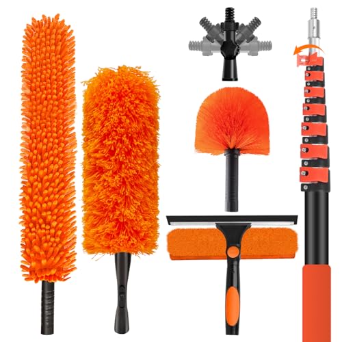 36FT High Reach Duster with Extension Pole 5-30FT, 4-in-1 Cleaning Kit with Universal Swivel Joint, High Ceiling Fan Cleaner Duster, Cobweb Duster, Microfiber Feather Duster and Window Squeegee - size: 30FT Pole