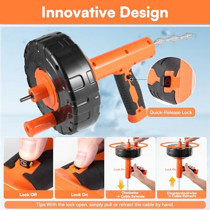 Drain Snake Hair Drain Clog Remover with Drill Adapter, 33ft Flexible Steel Spring Head Drain Augers, Manual or Powered, Sink Drain Snake Clog Remover for Bathroom Kitchen Tub Shower Drain Snake