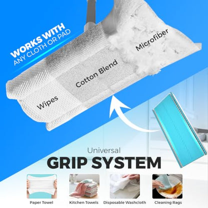 FlexiClamp Sweep & Mop Kit - Compatible with Swiffer Pads, Durable Cleaning Tool for Hardwood, Tile, Marble & Laminate Floors, Home, Kitchen Cleaning Essentials. (Include 10 Dry Cloths)