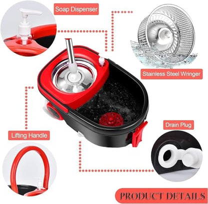 Mop and Bucket Set with Wringer, 360° Rotating Mop Bucket Floor Cleaning System on Wheels, 3 Microfiber Mop Refills for Fast Cleaning, Extendable 61' Stainless Steel Handle, Black&red