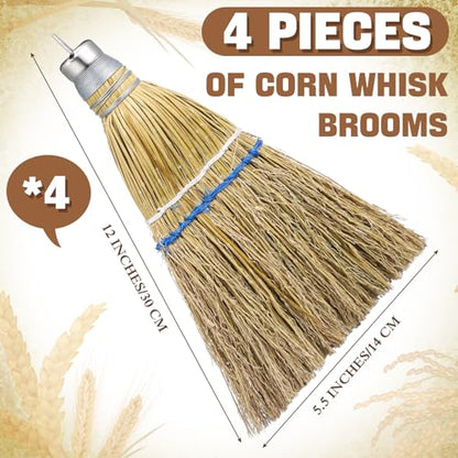 Suclain 4 Pcs 12 Inch Whisk Broom Hand Held Mini Corn Straw Whisk Broom Short Handle with Metal Hanger Halloween for Multi Surface Sweeping Small Hand Brush for Outdoor Car Porch Debris Dust Dirt