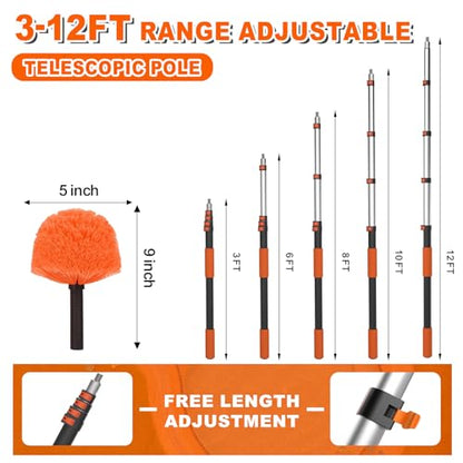 SISUPASSIE 20FT Reach Cobweb Duster with Extension Pole, High Ceiling Long Duster with 3-12FT Telescoping Pole, Spider Web Brush for Indoor Outdoor Use - size: 12FT