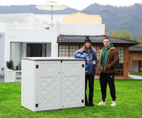 ADDOK 38 Cu.Ft Outdoor Storage Shed with Floor,Large Waterproof Resin Storage Cabinet with Lift-Up Lid,Double Doors and Lockable Design for Lawn Mower,Garden Tools, Patio,Backyard and Pool Supplies - size: Off-White 38 Cu.Ft