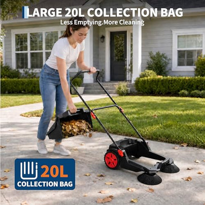Garvee Walk-Behind Outdoor Hand Push Floor Sweeper, 25.6 in Sweeping Width Manual Push Floor Sweeper, with 5-Gallon Dust Container, Adjustable Folding Handle for Garage Patio Yard Driveway