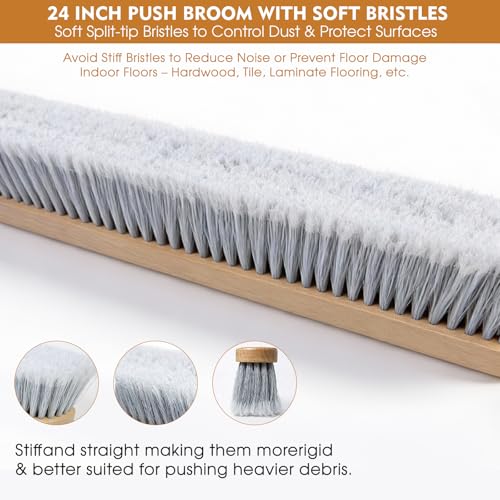 24-Inch Push Broom Set for Indoor & Outdoor Cleaning, Heavy Duty Sweeping Brooms with 61-Inch Solid Wood Handle, Soft & Stiff Bristle Combo for Garage, Shop, Patio & Home (2-Pack)