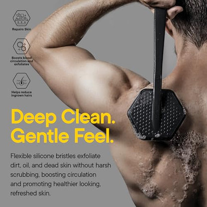 TOOLETRIES Silicone Back Scrubber for Shower, Exfoliating Body & Bath Brush, Long Ergonomic Handle, Non-Slip Grip for Hard-to-Reach Areas, Hygienic Silicone Bath Accessory for Men & Women - Charcoal