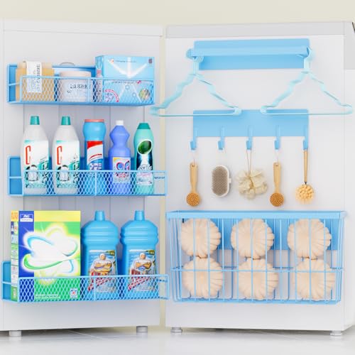 DTUQYX 6-Pack Magnetic Shelves for Washing Machine & Refrigerator, Heavy-Duty Laundry Organizer with Hanger Holder & Deep Baskets, Metal Storage System for Laundry Room (Blue) - color: Blue, size: Large 6-Pack (11.3"-13.8")