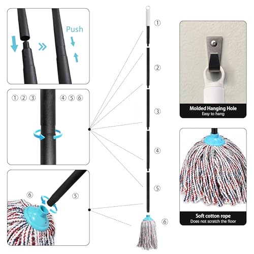 Indoor Cotton Mops for Floor Cleaning, 52" Long Handle Cotton Mop, Cleaning Mops for Tiles and Hardwood Floor, Household Mop for Kitchen, Bathroom, Garage, Tile & Hardwood Floors（Red Blue White）