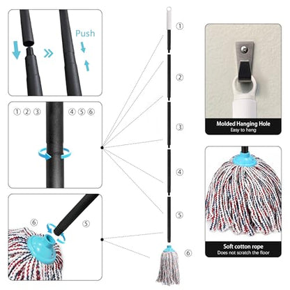 Indoor Cotton Mops for Floor Cleaning, 52" Long Handle Cotton Mop, Cleaning Mops for Tiles and Hardwood Floor, Household Mop for Kitchen, Bathroom, Garage, Tile & Hardwood Floors（Red Blue White）