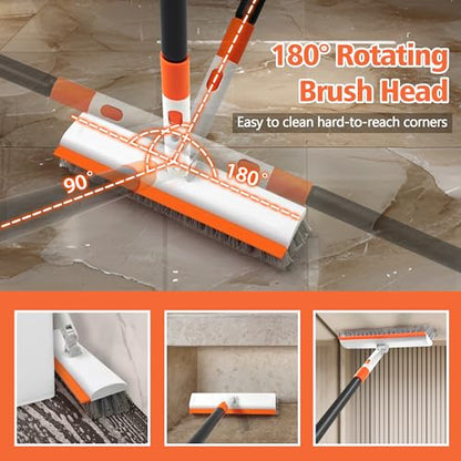 NEWE Floor Scrub Brush with Long Handle, 2 in 1 Stiff Bristles Scrubber Mop with Squeegee for Cleaning Deck Tile Tub Garage Patio Wall Sink Bathroom Kitchen