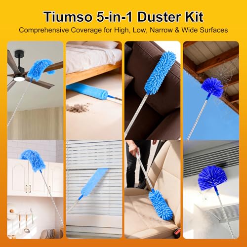 Tiumso 5-in-1 Microfiber Duster Kit with 100” Extension Pole – Reinforced Stainless Steel Telescopic Handle for High Ceiling Fans, Cobwebs & Vents – Multi-Head Dusters for Cleaning with Anti-Spin Pole - color: Sky Blue