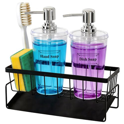 Kitchen Sink Caddy with Dish Soap Dispenser Set,16oz Hand and Dish Soap Dispenser Set with Sponge Holder, 2Pcs Clear Bottle with Pump Large Opening Easy to Fill Kitchen Sink Organizer Countertop